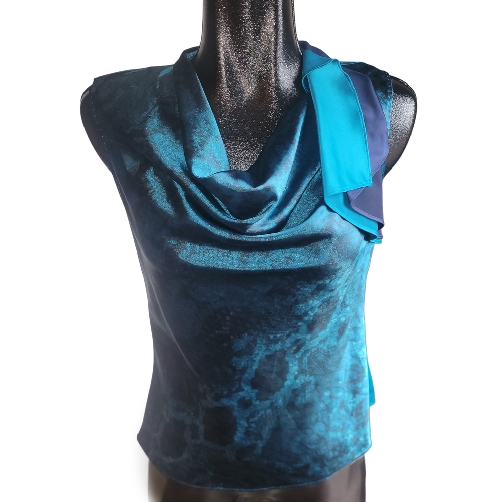 Tahari Teal and Navy Satin Cowl Neck Sleeveless Blouse